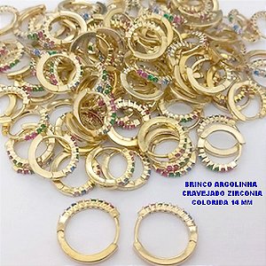 BRINCO NO BRUTO PRONTO BANHO (CX190) - BRINCO CRAVEJADO COM ZIRCONIAS COLORIDAS -TAMANHO 14MM - ARGOLINHA DE PRESSÃO (TRANQUETA) - PESO TOTAL 1.5GR - BRU267098