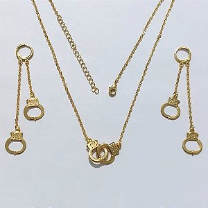 CONJUNTO FOLHEADO A OURO(CX190) - BANHADO COM 5 MILÉSIMOS + VERNIZ DIAMOND - CONJUNTO COM CORRENTE E BRINCOS ALGEMAS 15MM - OURO1454