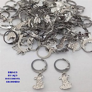 BRINCO EM AÇO INOXIDÁVEL(CX190)- BRINCO ARGOLA DE PRESSÃO PINGENTE COM UM CACHORRO DE 10MM - COMPOSIÇÃO: AÇO INOXIDÁVEL - AÇO26733
