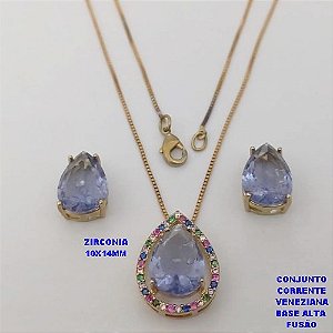 CONJUNTO NO BRUTO PRONTO PARA O BANHO -COM CORRENTE VENEZIANA DE 45CM - PINGENTE E BRINCO COM BASE EM ALTA FUSÃO - ZIRCONIA 10X14MM - PESO 7.6GR - BRU26745