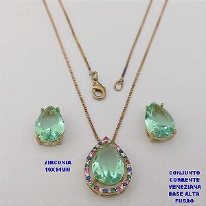 CONJUNTO NO BRUTO PRONTO PARA O BANHO -COM CORRENTE VENEZIANA DE 45CM - PINGENTE E BRINCO COM BASE EM ALTA FUSÃO - ZIRCONIA 10X14MM - PESO 7.6GR - BRU26746