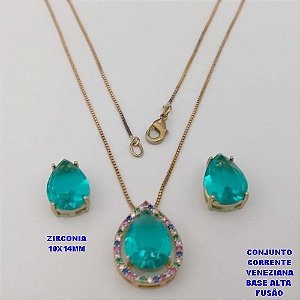 CONJUNTO NO BRUTO PRONTO PARA O BANHO -COM CORRENTE VENEZIANA DE 45CM - PINGENTE E BRINCO COM BASE EM ALTA FUSÃO - ZIRCONIA 10X14MM - PESO 7.6GR - BRU26748