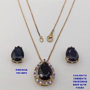 CONJUNTO NO BRUTO PRONTO PARA O BANHO -COM CORRENTE VENEZIANA DE 45CM - PINGENTE E BRINCO COM BASE EM ALTA FUSÃO - ZIRCONIA 10X14MM - PESO 7.6GR - BRU26749