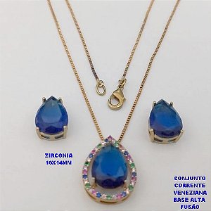 CONJUNTO NO BRUTO PRONTO PARA O BANHO -COM CORRENTE VENEZIANA DE 45CM - PINGENTE E BRINCO COM BASE EM ALTA FUSÃO - ZIRCONIA 10X14MM - PESO 7.6GR - BRU26750