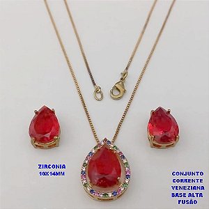 CONJUNTO NO BRUTO PRONTO PARA O BANHO -COM CORRENTE VENEZIANA DE 45CM - PINGENTE E BRINCO COM BASE EM ALTA FUSÃO - ZIRCONIA 10X14MM - PESO 7.6GR - BRU26751