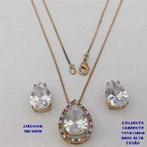 CONJUNTO NO BRUTO PRONTO PARA O BANHO -COM CORRENTE VENEZIANA DE 45CM - PINGENTE E BRINCO COM BASE EM ALTA FUSÃO - ZIRCONIA 10X14MM - PESO 7.6GR - BRU26752
