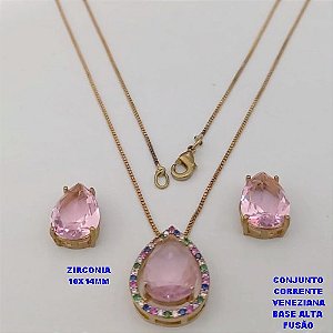 CONJUNTO NO BRUTO PRONTO PARA O BANHO -COM CORRENTE VENEZIANA DE 45CM - PINGENTE E BRINCO COM BASE EM ALTA FUSÃO - ZIRCONIA 10X14MM - PESO 7.6GR - BRU26753