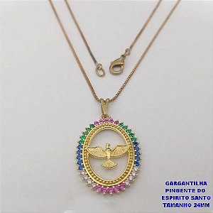 GARGANTILHA NO BRUTO PRONTO BANHO (CX190) - COM CORRENTE VENEZIANA DE 45CM E PINGENTE DO ESPIRITO SANTO CRAVEJADO EM MICRO ZIRCONIAS COLORIDAS- PESO TOTAL 4.3GR - BRU26757