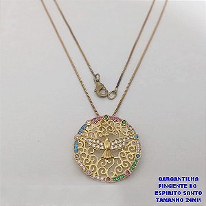 GARGANTILHA NO BRUTO PRONTO BANHO (CX190) - COM CORRENTE VENEZIANA DE 45CM E PINGENTE DO ESPIRITO SANTO CRAVEJADO EM MICRO ZIRCONIAS 25MM- PESO TOTAL 4.9GR - BRU26759