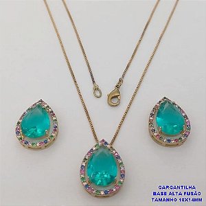 CONJUNTO NO BRUTO PRONTO PARA O BANHO -COM CORRENTE VENEZIANA DE 45CM - PINGENTE E BRINCO COM BASE EM ALTA FUSÃO - ZIRCONIA 10X14MM - PESO 8.7GR - BRU26761