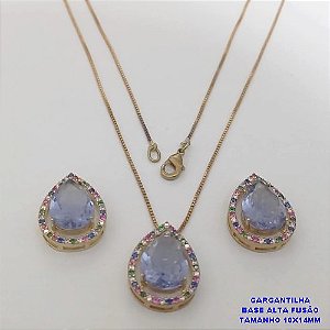 CONJUNTO NO BRUTO PRONTO PARA O BANHO -COM CORRENTE VENEZIANA DE 45CM - PINGENTE E BRINCO COM BASE EM ALTA FUSÃO - ZIRCONIA 10X14MM - PESO 8.7GR - BRU26762