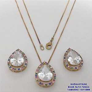 CONJUNTO NO BRUTO PRONTO PARA O BANHO -COM CORRENTE VENEZIANA DE 45CM - PINGENTE E BRINCO COM BASE EM ALTA FUSÃO - ZIRCONIA 10X14MM - PESO 8.7GR - BRU26765