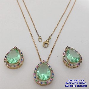 CONJUNTO NO BRUTO PRONTO PARA O BANHO -COM CORRENTE VENEZIANA DE 45CM - PINGENTE E BRINCO COM BASE EM ALTA FUSÃO - ZIRCONIA 10X14MM - PESO 8.7GR - BRU26767