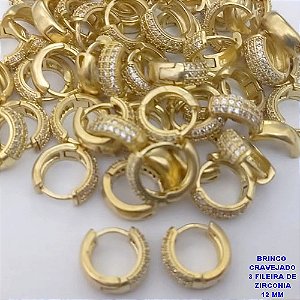 BRINCO NO BRUTO PRONTO PARA O BANHO(CX191) BRINCO ARGOLINHA DE PRESSÃO(COM TREIS FILEIRA DE MICRO ZIRCONIAS )TAMANHO 12MM - PESO 2.1GR - BRU26770