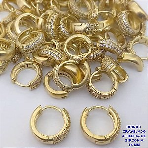 BRINCO NO BRUTO PRONTO PARA O BANHO(CX191) BRINCO ARGOLINHA DE PRESSÃO(COM TREIS FILEIRA DE MICRO ZIRCONIAS )TAMANHO 14MM - PESO 2.5GR - BRU26771