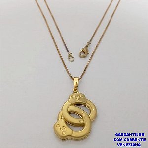 GARGANTILHA NO BRUTO PRONTO PARA O BANHO(CX191) -COM CORRENTE VENEZIANA DE 45CM -Algema Dupla Vaz 25mm (455)- PESO 4.4GR - BRU26784