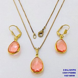 CONJUNTO NO BRUTO PRONTO PARA O BANHO(CX192)CONJUNTO COM CORRENTE VENEZIANA DE 45CM - PINGENTE E BRINCO COM PEDRA( GOTA 10X14MM )PESO 4.5GR- BRU26828