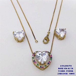 CONJUNTO NO BRUTO PRONTO PARA O BANHO(CX192)CONJUNTO COM CORRENTE VENEZIANA DE 45CM - PINGENTE CRAVEJADO EM MICRO ZIRCONIAS E BRINCO COM ZIRCONIA CORAÇÃO DE 10MM )PESO 7.5GR- BRU26837