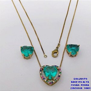 CONJUNTO NO BRUTO PRONTO PARA O BANHO(CX192)CONJUNTO COM CORRENTE VENEZIANA DE 45CM - PINGENTE CRAVEJADO EM MICRO ZIRCONIAS E BRINCO COM ZIRCONIA CORAÇÃO DE 10MM )PESO 7.5GR- BRU26838