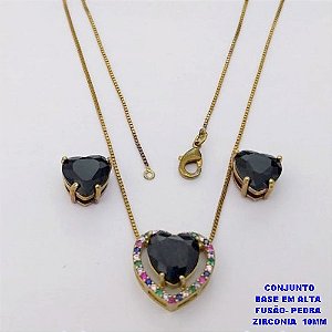 CONJUNTO NO BRUTO PRONTO PARA O BANHO(CX192)CONJUNTO COM CORRENTE VENEZIANA DE 45CM - PINGENTE CRAVEJADO EM MICRO ZIRCONIAS E BRINCO COM ZIRCONIA CORAÇÃO DE 10MM )PESO 7.5GR- BRU26839