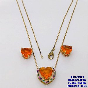 CONJUNTO NO BRUTO PRONTO PARA O BANHO-CONJUNTO COM CORRENTE VENEZIANA DE 45CM - PINGENTE CRAVEJADO EM MICRO ZIRCONIAS E BRINCO COM ZIRCONIA CORAÇÃO DE 10MM )PESO 7.5GR- BRU26840