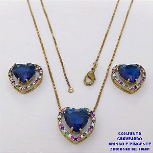 CONJUNTO NO BRUTO PRONTO PARA O BANHO-CONJUNTO COM CORRENTE VENEZIANA DE 45CM - PINGENTE E BRINCO CRAVEJADO EM MICRO ZIRCONIAS - CORAÇÃO DE 10MM )PESO 7.5GR- BRU26841