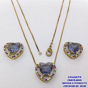 CONJUNTO NO BRUTO PRONTO PARA O BANHO-CONJUNTO COM CORRENTE VENEZIANA DE 45CM - PINGENTE E BRINCO CRAVEJADO EM MICRO ZIRCONIAS - CORAÇÃO DE 10MM )PESO 7.5GR- BRU26842