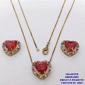 CONJUNTO NO BRUTO PRONTO PARA O BANHO-CONJUNTO COM CORRENTE VENEZIANA DE 45CM - PINGENTE E BRINCO CRAVEJADO EM MICRO ZIRCONIAS - CORAÇÃO DE 10MM )PESO 7.5GR- BRU26843