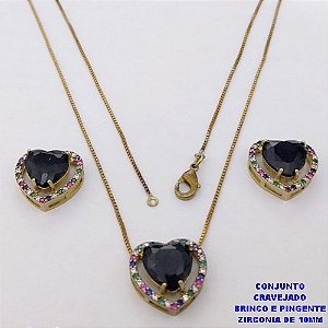 CONJUNTO NO BRUTO PRONTO PARA O BANHO-CONJUNTO COM CORRENTE VENEZIANA DE 45CM - PINGENTE E BRINCO CRAVEJADO EM MICRO ZIRCONIAS - CORAÇÃO DE 10MM )PESO 7.5GR- BRU26844