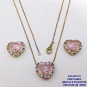 CONJUNTO NO BRUTO PRONTO PARA O BANHO-CONJUNTO COM CORRENTE VENEZIANA DE 45CM - PINGENTE E BRINCO CRAVEJADO EM MICRO ZIRCONIAS - CORAÇÃO DE 10MM )PESO 7.5GR- BRU26845
