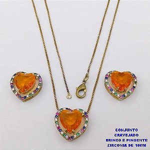 CONJUNTO NO BRUTO PRONTO PARA O BANHO-CONJUNTO COM CORRENTE VENEZIANA DE 45CM - PINGENTE E BRINCO CRAVEJADO EM MICRO ZIRCONIAS - CORAÇÃO DE 10MM )PESO 7.5GR- BRU26846