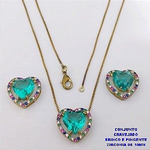CONJUNTO NO BRUTO PRONTO PARA O BANHO-CONJUNTO COM CORRENTE VENEZIANA DE 45CM - PINGENTE E BRINCO CRAVEJADO EM MICRO ZIRCONIAS - CORAÇÃO DE 10MM )PESO 7.5GR- BRU26847