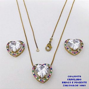 CONJUNTO NO BRUTO PRONTO PARA O BANHO-CONJUNTO COM CORRENTE VENEZIANA DE 45CM - PINGENTE E BRINCO CRAVEJADO EM MICRO ZIRCONIAS - CORAÇÃO DE 10MM )PESO 7.5GR- BRU26848