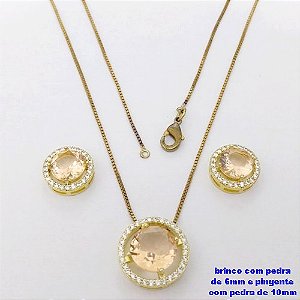CONJUNTO NO BRUTO PRONTO PARA O BANHO-CONJUNTO COM CORRENTE VENEZIANA DE 45CM - PINGENTE DE10MM E BRINCO DE 6MM CRAVEJADO EM MICRO ZIRCONIAS - PESO 4.9GR- BRU26867