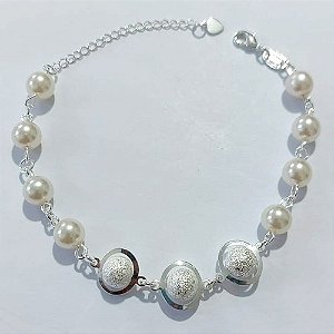 PULSEIRA FOLHEADA A PRATA COM 50 MILÉSIMOS + VERNIZ DIAMOND - PULSEIRA 18CM + EXTENSOR - COM PÉROLAS - PRA1219
