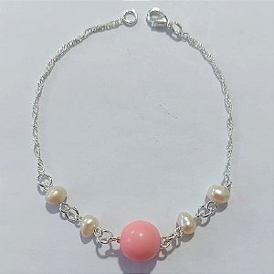 PULSEIRA FOLHEADA A PRATA COM 50 MILÉSIMOS + VERNIZ DIAMOND - PULSEIRA 18CM - COM PÉROLAS E ESFERA ROSA - PRA1222