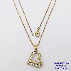 GARGANTILHA NO BRUTO PRONTO PARA O BANHO(CX194)GARGANTILHA COM CORRENTE VENEZIANA DE 45CM COM PINGENTE CORAÇÃO CRAVEJADO 20MM (PESO 4,5GR ) BRU26936