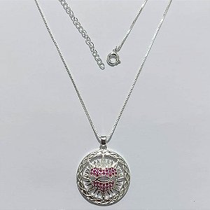 GARGANTILHA FOLHEADA A PRATA COM 50 MILÉSIMOS + VERNIZ DIAMOND - GARGANTILHA COM PINGENTE SOL COM CORAÇÃO COM ZIRCÔNIAS ROSAS 25MM - PRA1227