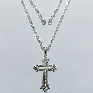 GARGANTILHA FOLHEADA A PRATA COM 50 MILÉSIMOS + VERNIZ DIAMOND - GARGANTILHA COM PINGENTE CRUCIFIXO 54MM PRA1230