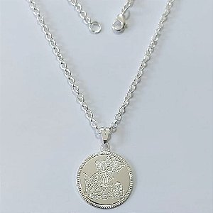GARGANTILHA FOLHEADA A PRATA COM 50 MILÉSIMOS + VERNIZ DIAMOND - GARGANTILHA COM PINGENTE MEDALHA SÃO JORGE 25MM PRA1233