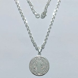 GARGANTILHA FOLHEADA A PRATA COM 50 MILÉSIMOS + VERNIZ DIAMOND - GARGANTILHA COM PINGENTE MEDALHA SÃO BENTO 25MM PRA1234
