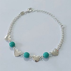 PULSEIRA FOLHEADA A PRATA COM 50 MILÉSIMOS + VERNIZ DIAMOND - PULSEIRA DUPLA 18CM + EXTENSOR - COM ESFERAS E CORAÇÕES - PRA1237