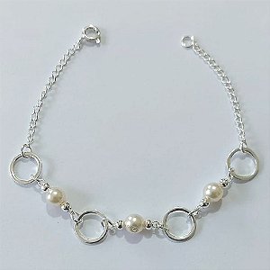 PULSEIRA FOLHEADA A PRATA COM 50 MILÉSIMOS + VERNIZ DIAMOND - PULSEIRA 18CM - COM PÉROLAS E ARGOLINHAS - PRA1239
