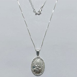 GARGANTILHA FOLHEADA A PRATA COM 50 MILÉSIMOS + VERNIZ DIAMOND - GARGANTILHA COM PINGENTE MEDALHA OVAL SANTA RITA 27MM - PRA1250