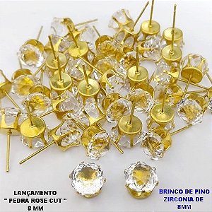 BRINCO NO BRUTO PRONTO PARA O BANHO(POTE)BRINCO DE PINO 100% LATÃO COM PEDRA DE " PEDRA ROSE CUT " TAMANHO 8MM / PESO DO PAR 1.2GR / BRU28012
