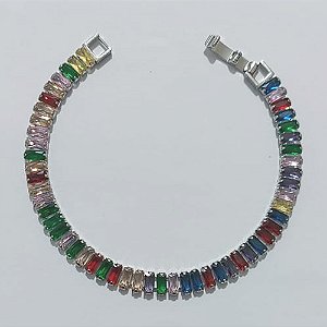 PULSEIRA FOLHEADA A PRATA COM 50 MILÉSIMOS + VERNIZ DIAMOND - PULSEIRA 17CM TODA EM ZIRCÔNIA COLORIDA - PRA1265