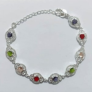 PULSEIRA FOLHEADA A PRATA COM 50 MILÉSIMOS + VERNIZ DIAMOND - PULSEIRA 17CM + EXTENSOR - COM ZIRCÔNIAS COLORIDAS - PRA1266