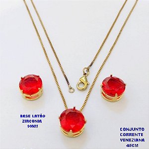 CONJUNTO NO BRUTO PRONTO PARA O BANHO(pote) COM CORRENTE VENEZIANA DE 45CM / PINGENTE E BRINCO COM BASE EM LATÃO E PEDRA ZIRCONIA DE 10X10MM / PESO 4.9GR - BRU28059
