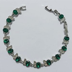 PULSEIRA FOLHEADA A PRATA COM 50 MILÉSIMOS + VERNIZ DIAMOND - PULSEIRA 17CM + EXTENSOR - COM ZIRCÔNIAS VERDES E MICROS ZIRCÔNIAS CRISTAIS - PRA1267