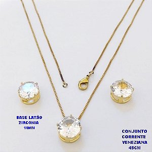 CONJUNTO NO BRUTO PRONTO PARA O BANHO(pote) COM CORRENTE VENEZIANA DE 45CM / PINGENTE E BRINCO COM BASE EM LATÃO E PEDRA ZIRCONIA DE 10X10MM / PESO 4.9GR - BRU28061